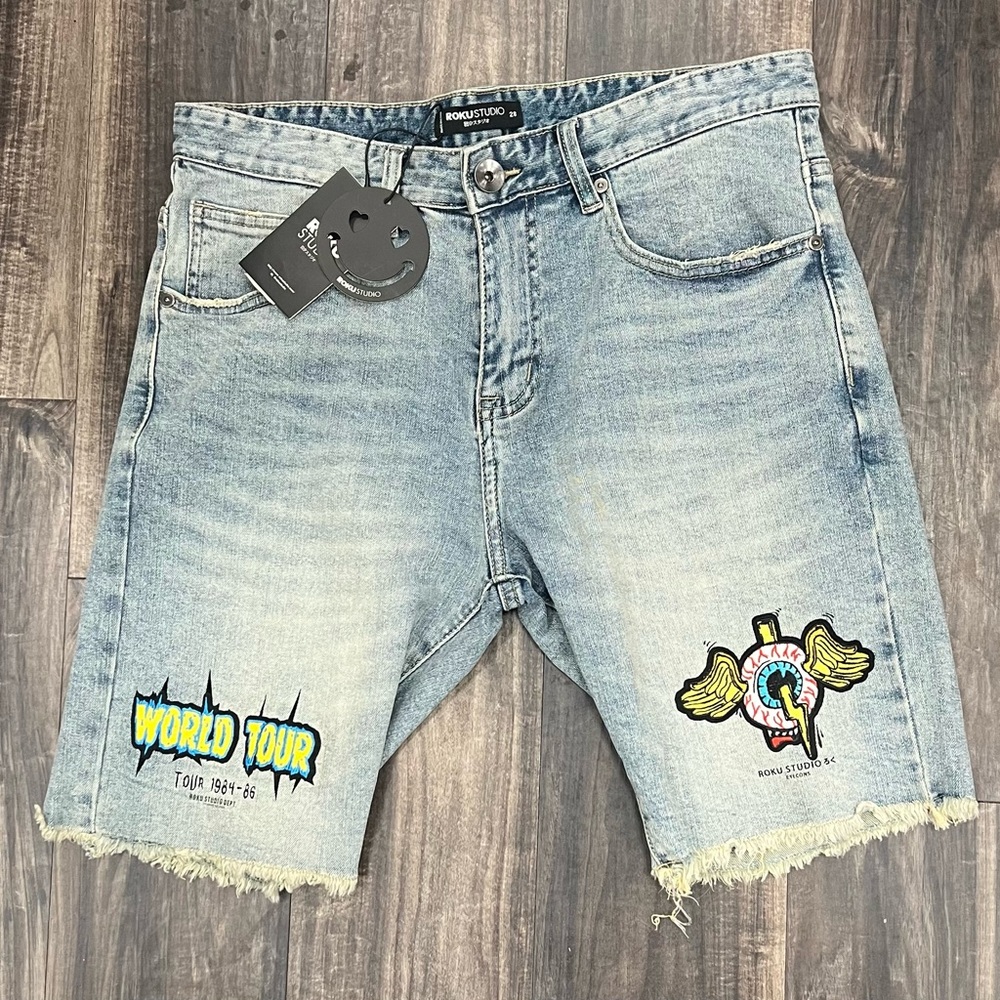 Roku Studio Rock Revival Blue Jean Shorts Distressed Cut-Off Style